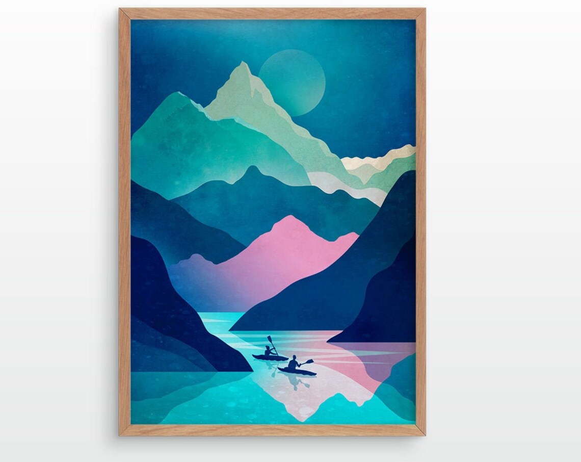 Kayaking Art Print, Lake and Mountains Landscape