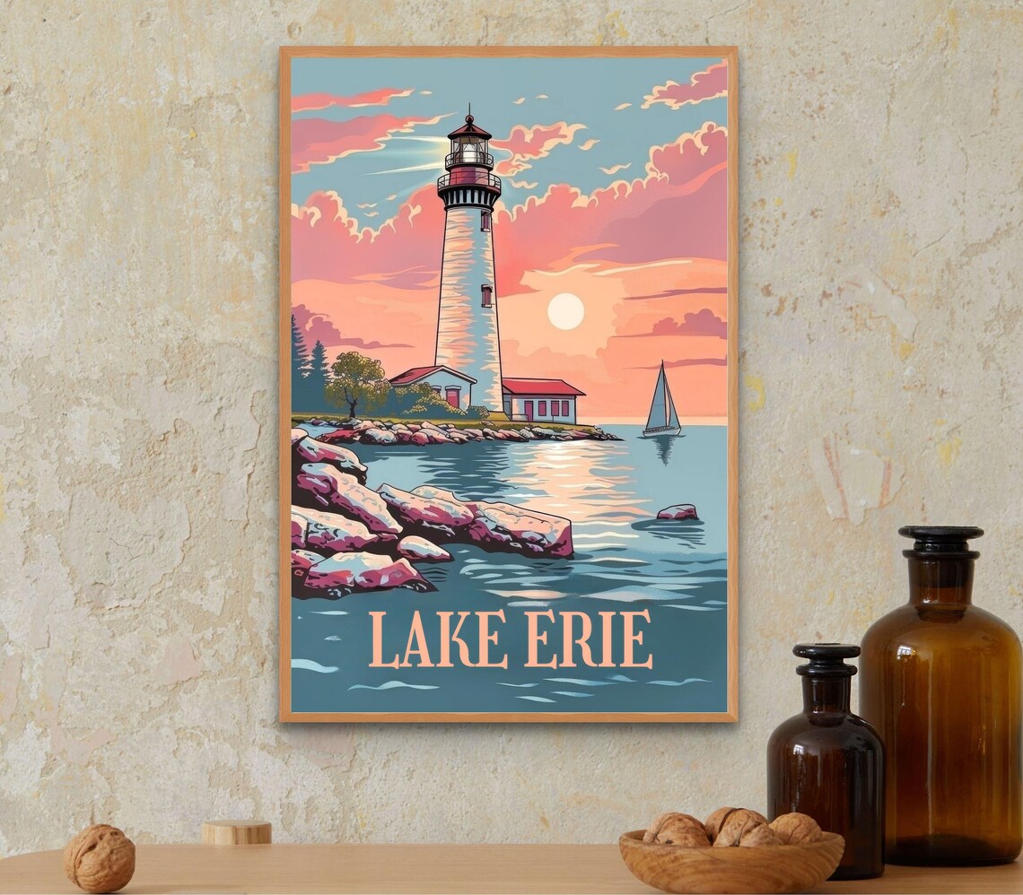 Lake Erie Lighthouse Vintage Travel Poster, Coastal Scene - Image 3