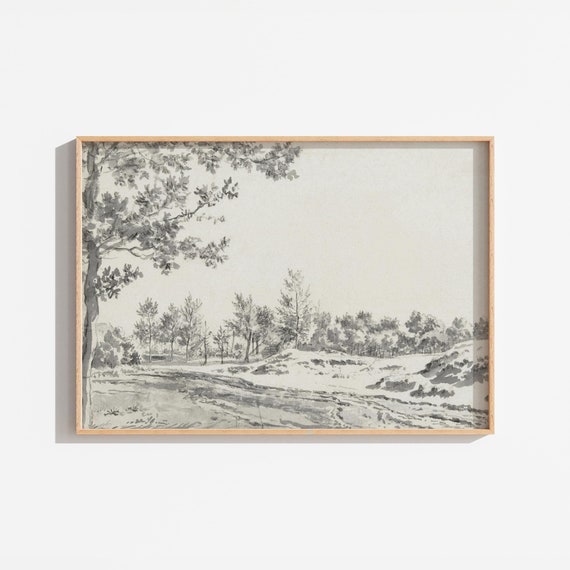Vintage Landscape Drawing, Black And White Tree Print