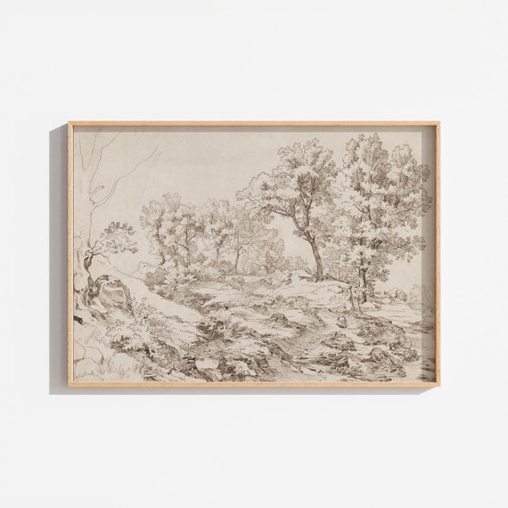 Vintage Cream Landscape Drawing Brown Ink Sketch Drawing Neutral Wall Art Wall Art Tree Drawing Neutral Antique Print