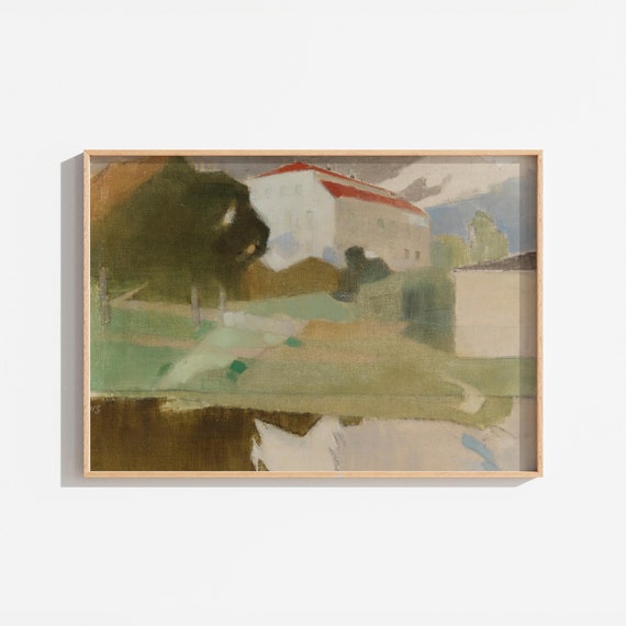 Abstract Soft Tones Landscape Painting Vintage Green Art Wall Art Neutral Antique Print