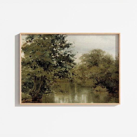 Vintage Landscape Field Painting Green Forest Scenery Farmhouse Cottage Style Art