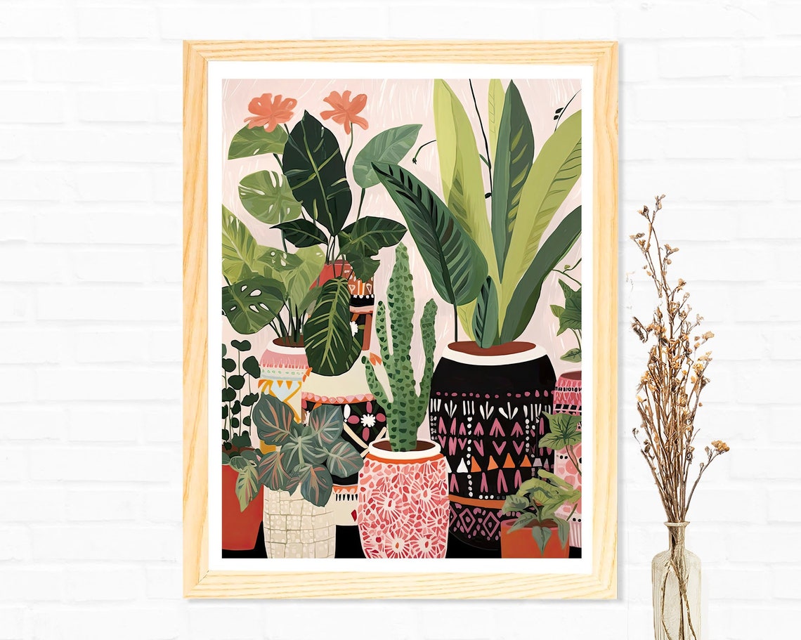 Boho Houseplants in Patterned Vases Cottagecore Botanical Decor Poster - Image 3