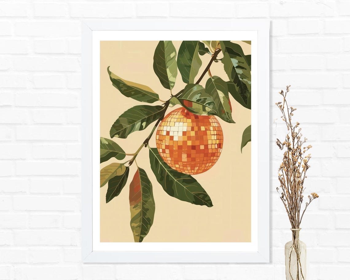 Disco Ball Orange on Branch Green Leaves Botanical Kitchen Poster - Image 2