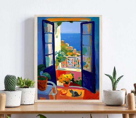 Matisse Style Coastal Window View with Cat Fauvist Art Poster