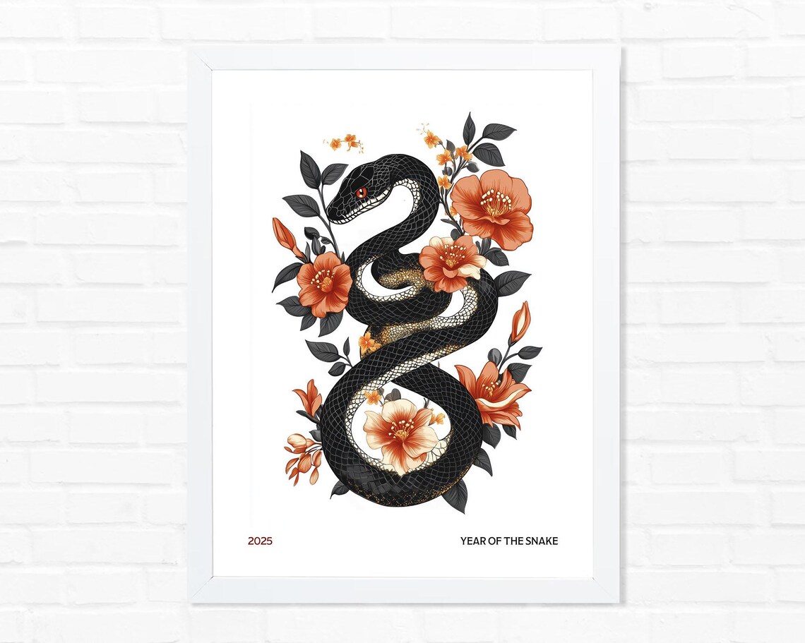 2025 Year of the Snake Black Snake Orange Floral Lunar New Year Poster - Image 3