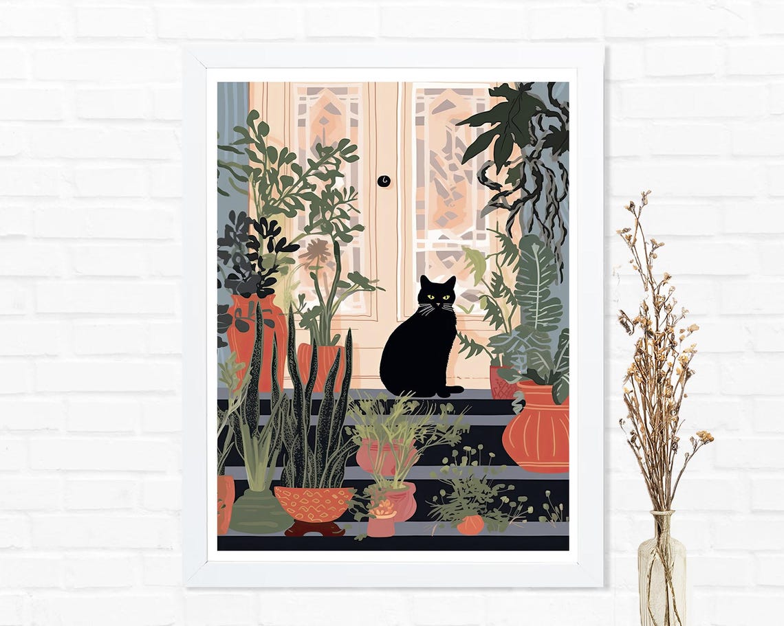 Black Cat Sitting Among Potted House Plants Botanical Art Poster - Image 2