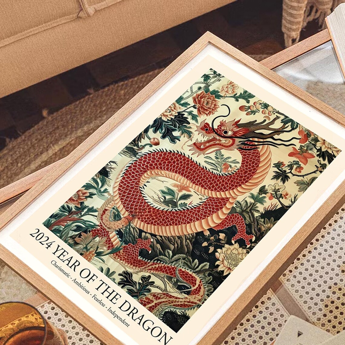 2024 Year of the Dragon Red Chinese Dragon Floral Lunar New Year Poster - Image 2
