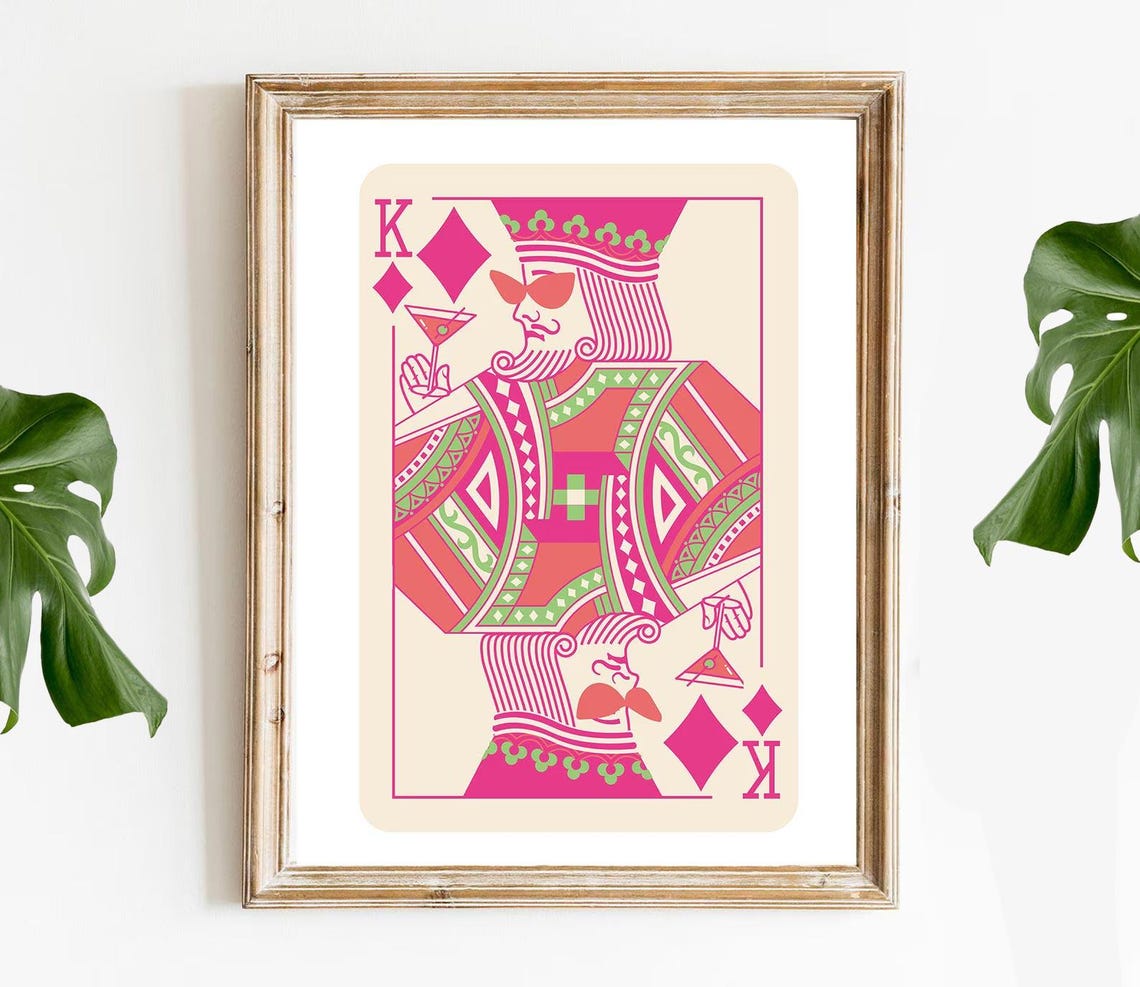 King of Diamonds Playing Card Pink Cocktail Bar Cart Decor Poster