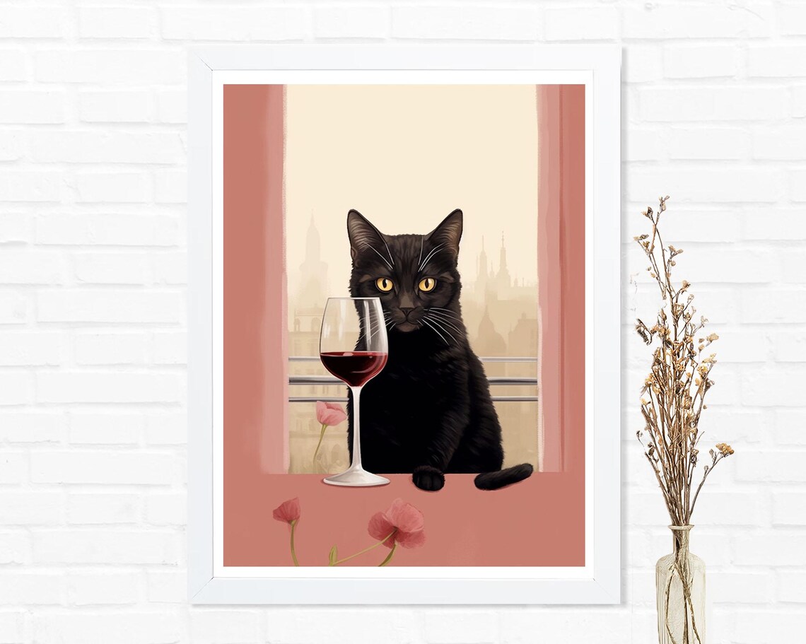 Black Cat with Red Wine Glass and Flowers Botanical Art Poster - Image 2