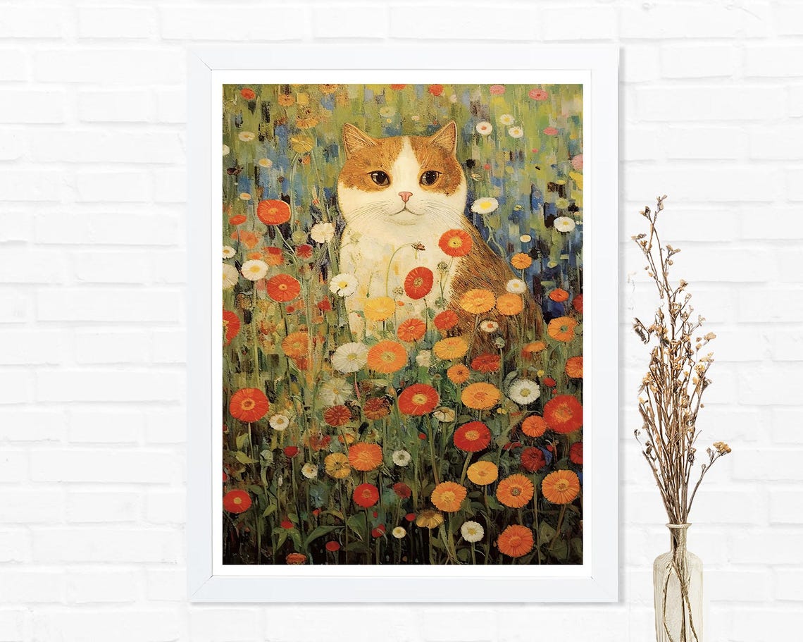 Ginger Cat in Wildflower Field Klimt Style Botanical Cat Art Poster - Image 2
