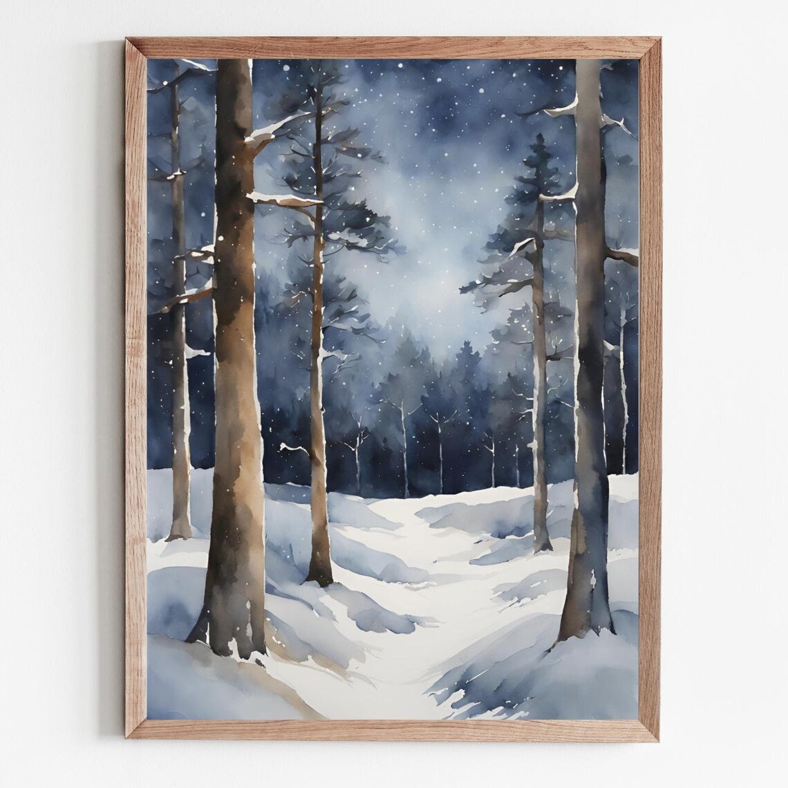 Snowy Winter Pine Forest Under Moonlight Starry Night Watercolor Poster