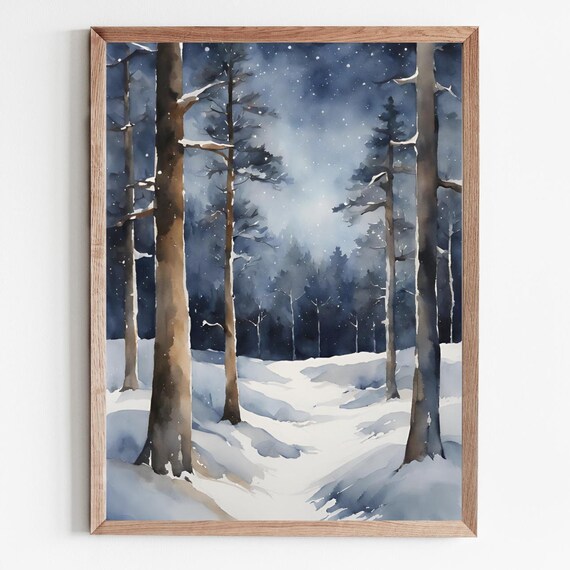 Snowy Winter Pine Forest Under Moonlight Starry Night Watercolor Poster