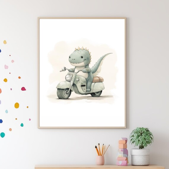 Baby Dinosaur Riding Retro Scooter Watercolor Kids Nursery Wall Art