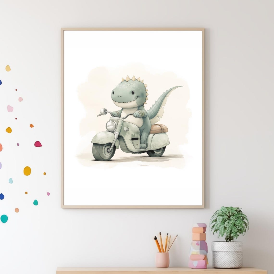 Baby Dinosaur Riding Retro Scooter Watercolor Kids Nursery Wall Art