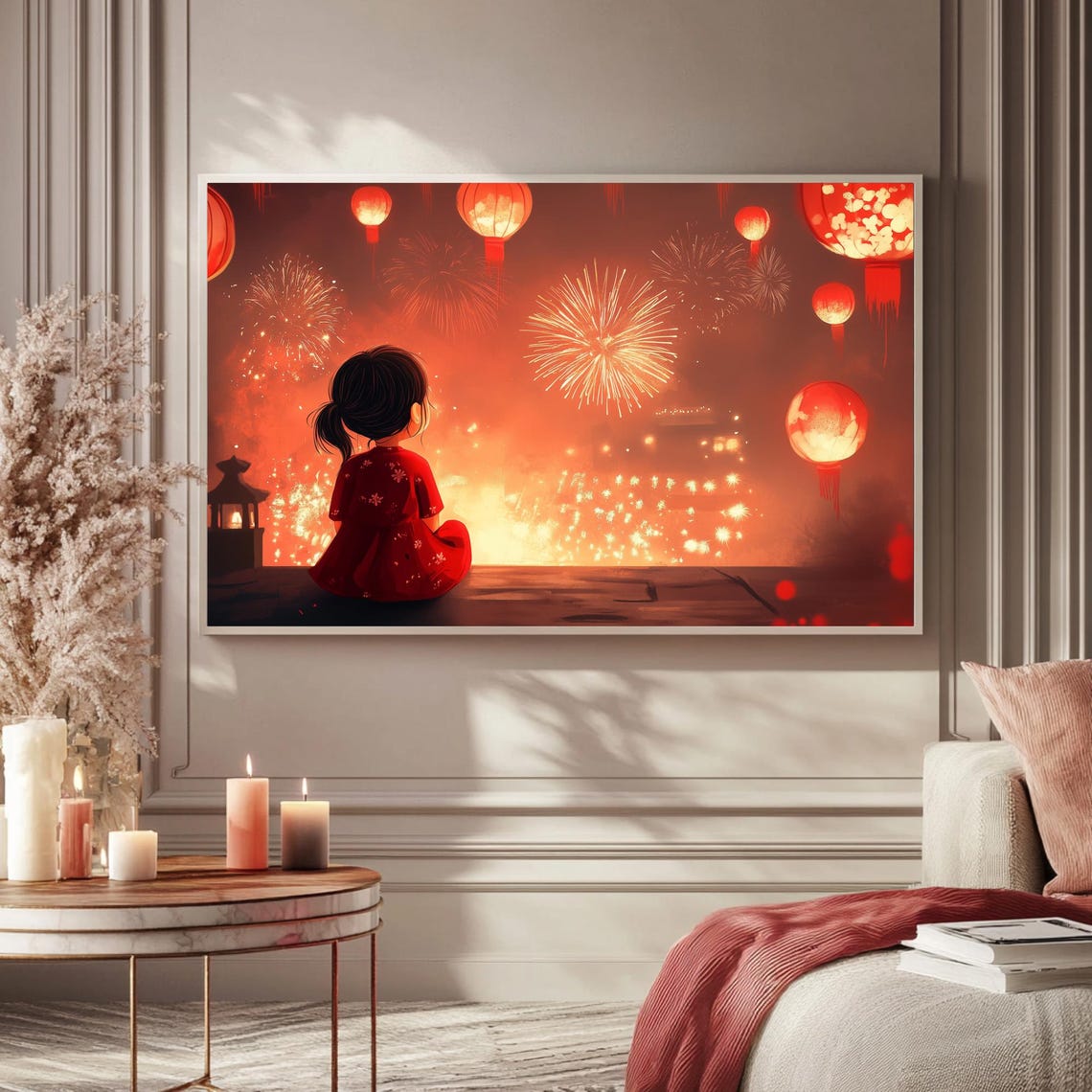 Girl Watching Fireworks Lanterns Lunar New Year Art Frame TV Poster - Image 5