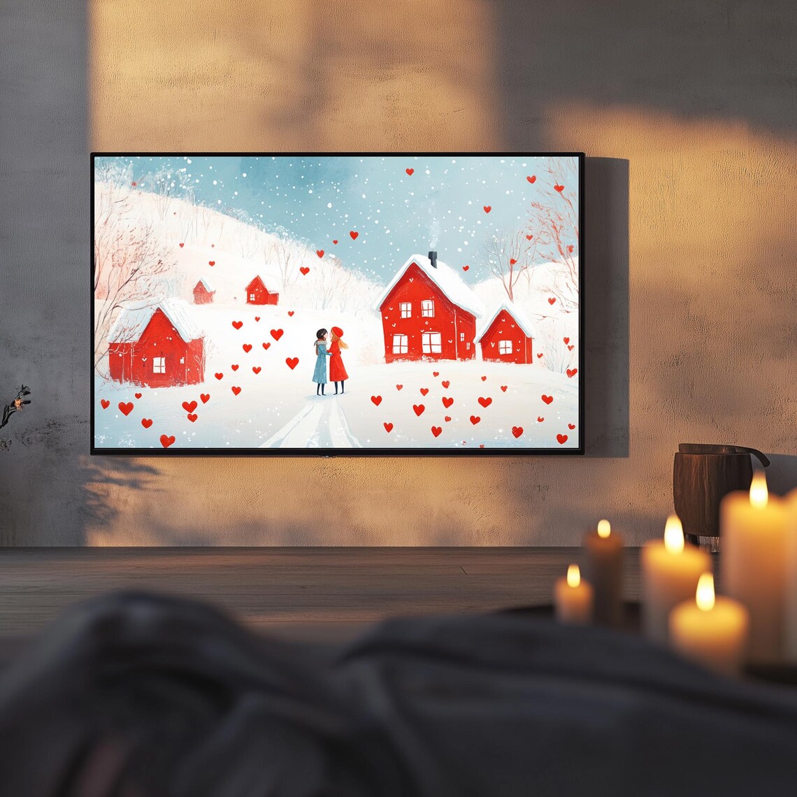 Couple Embracing Snowy Village Red Hearts Valentines Day TV Poster - Image 3
