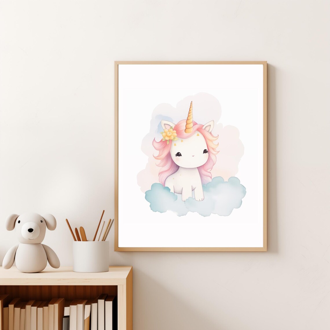 Cute Baby Unicorn Watercolor Clouds Sweet Nursery Wall Art Poster - Image 2