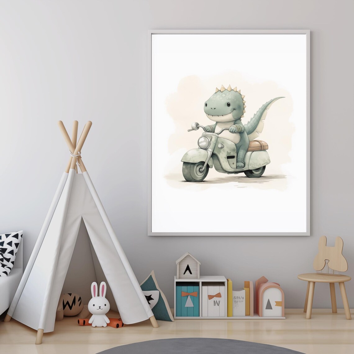 Baby Dinosaur Riding Retro Scooter Watercolor Kids Nursery Wall Art - Image 5