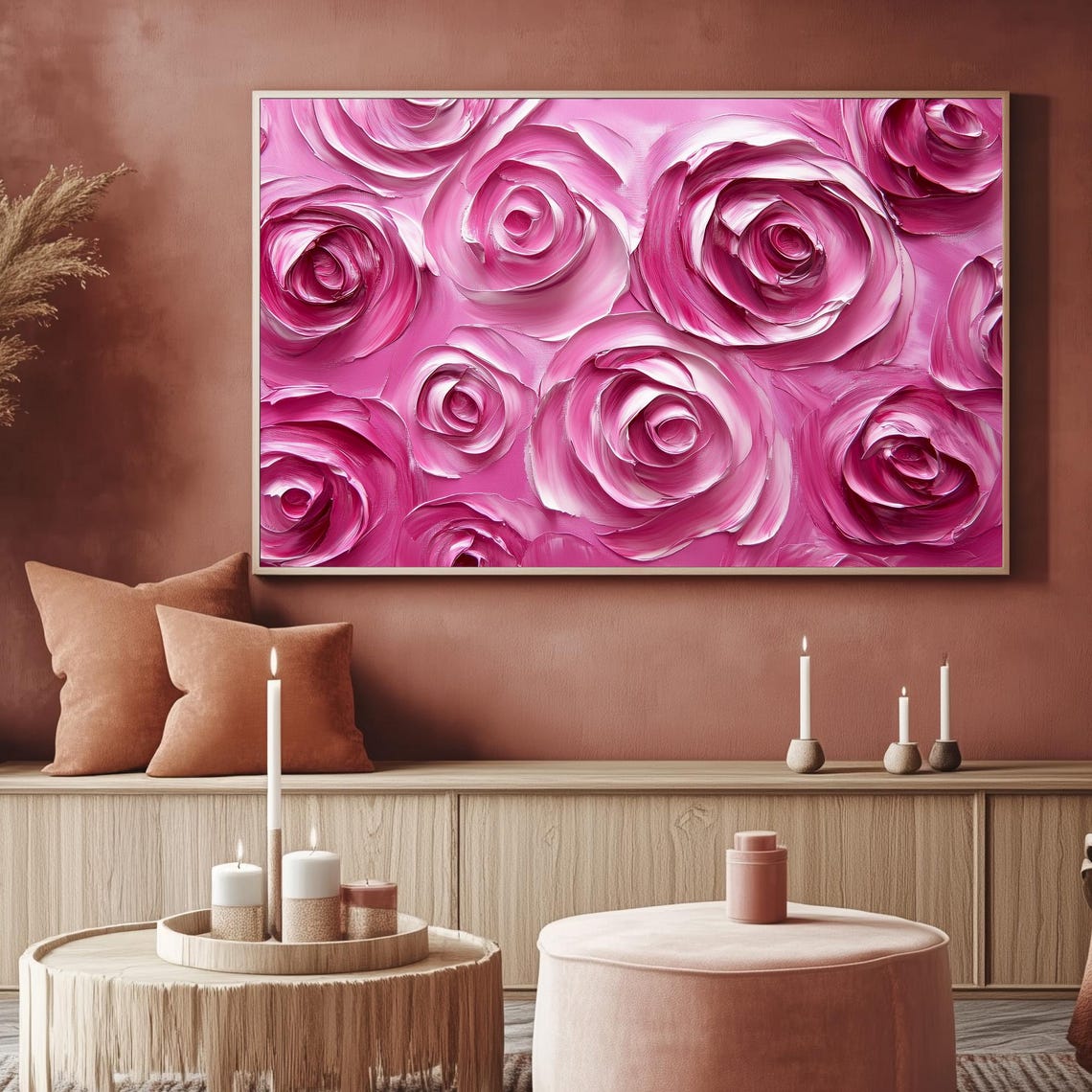 Blush Pink Roses Impasto Textured Floral Oil Painting Wall Art - Image 2