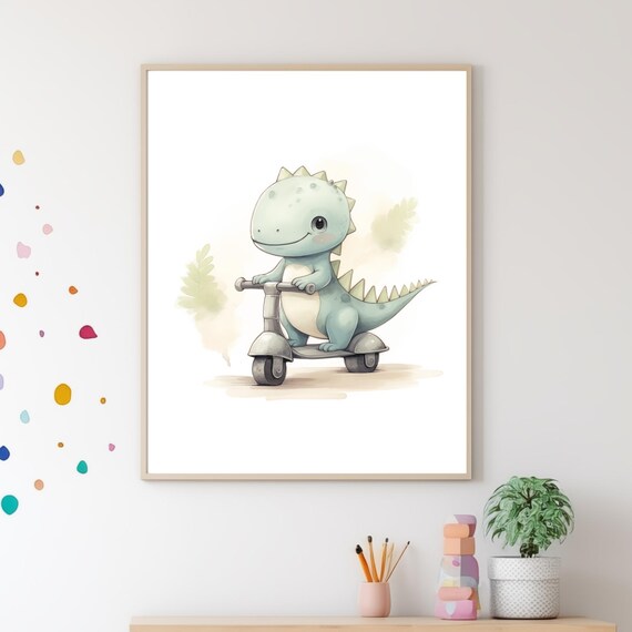 Baby Dinosaur Riding Kick Scooter Cute Watercolor Nursery Wall Art