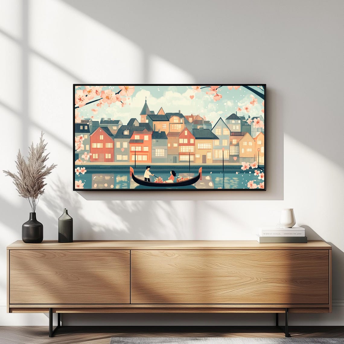 Romantic Couple In Boat On Canal Cherry Blossom Valentine Wall Art - Image 5