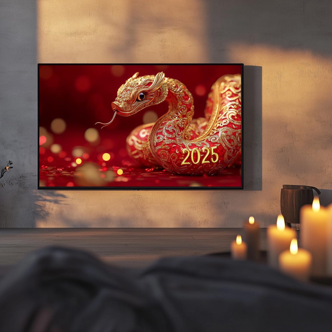 Red Gold Snake 2025 Lunar New Year Zodiac Art Frame TV Poster - Image 3