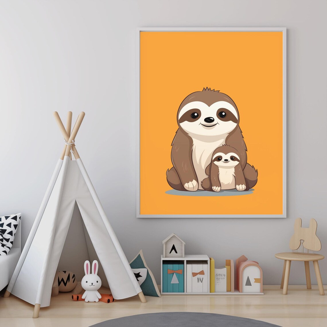 Mommy And Baby Sloth Cuddling Warm Orange Nursery Wall Art Poster - Image 4