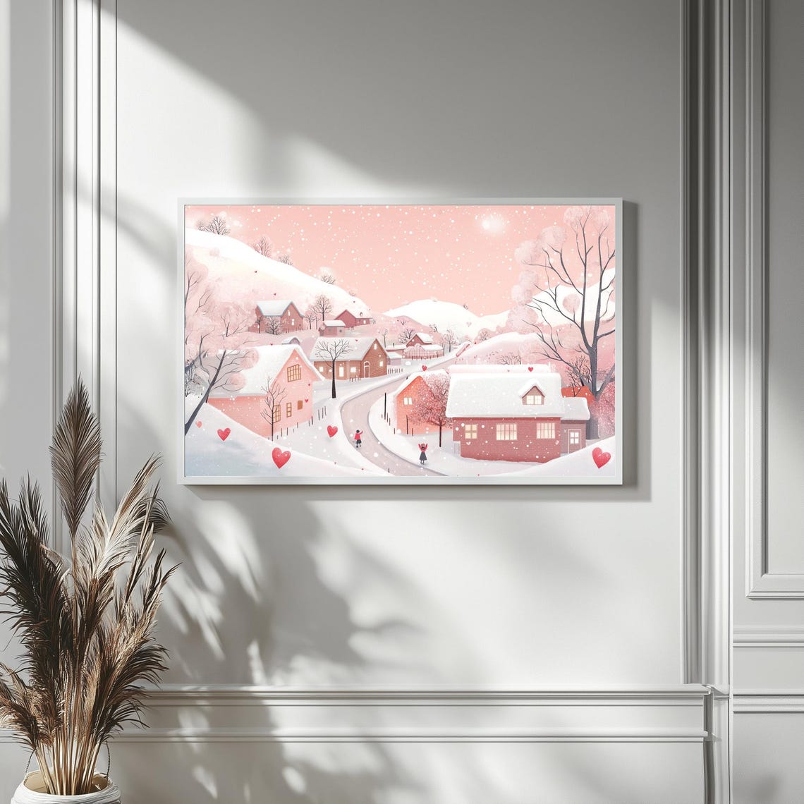 Snowy Pink Village With Winding Road Floating Hearts Wall Art - Image 4