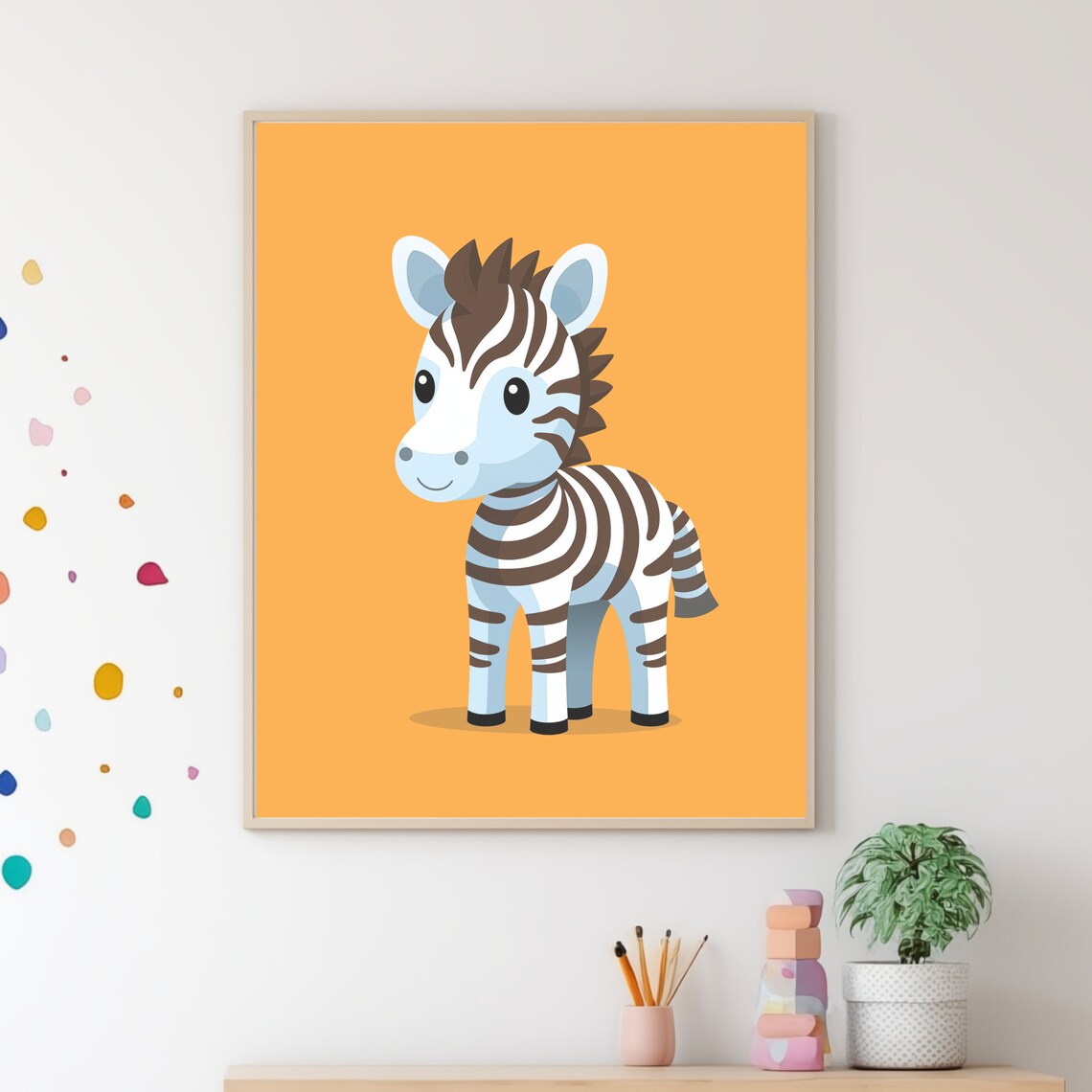 Cute Baby Zebra Cartoon Orange Safari Nursery Kids Room Wall Poster