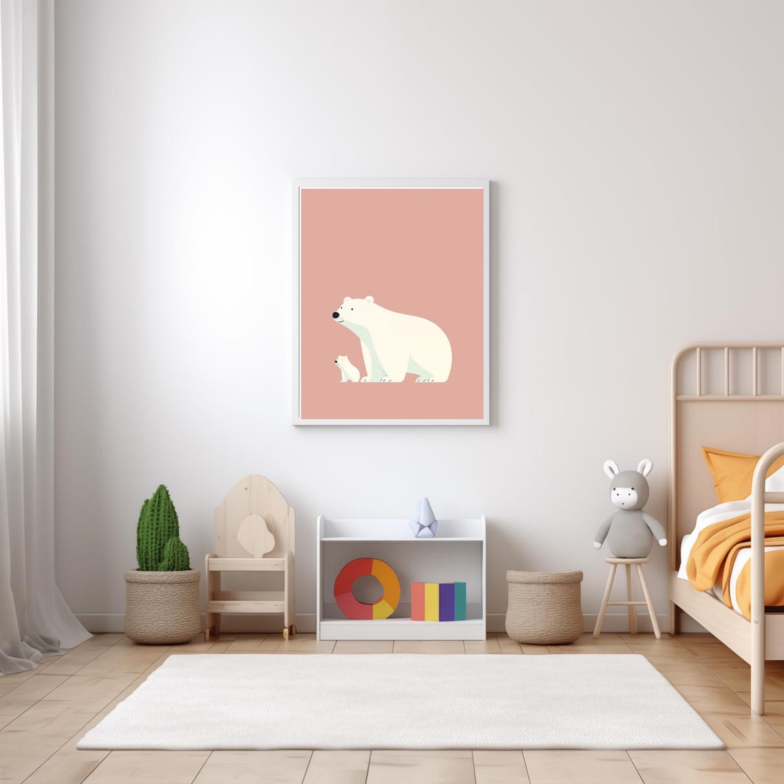 Mommy And Baby Polar Bear Walking Pink Background Nursery Poster - Image 4
