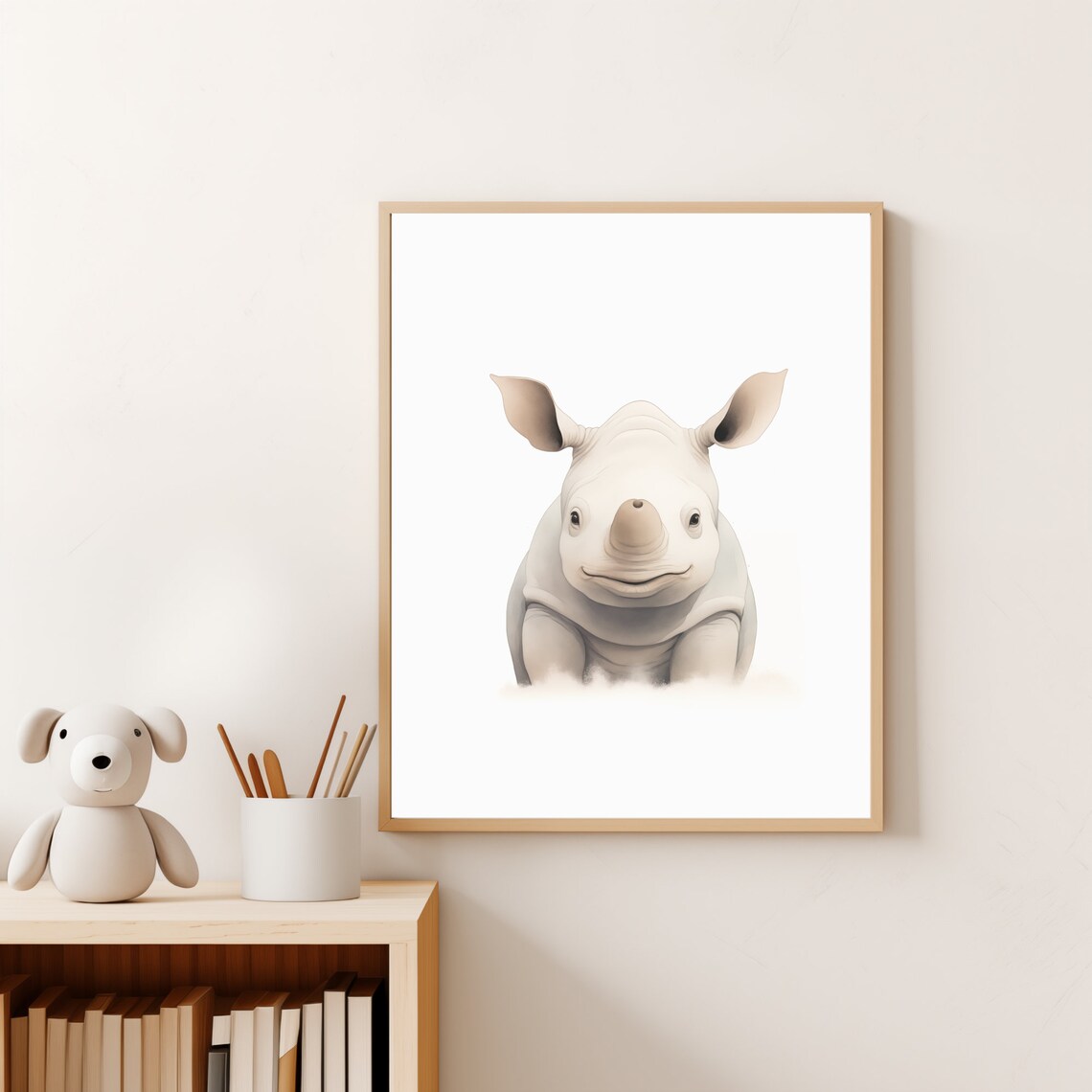 Baby Rhino Watercolor Portrait White Safari Nursery Kids Wall Poster - Image 4