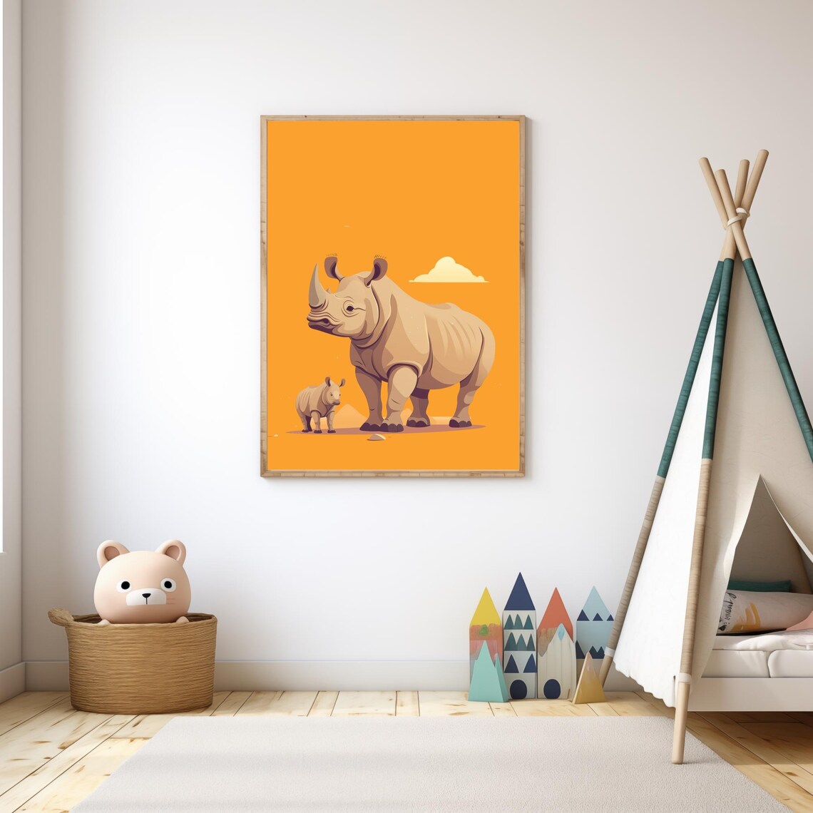 Mommy And Baby Rhino Standing Sunset Orange Nursery Wall Art Poster - Image 3