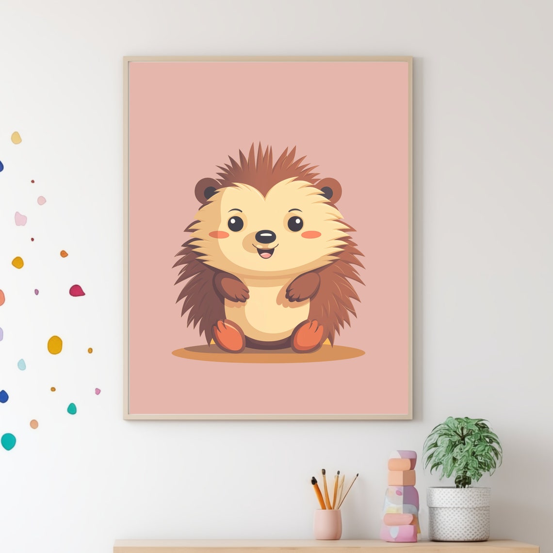 Cute Baby Hedgehog Cartoon Pink Nursery Kids Room Decor Wall Poster