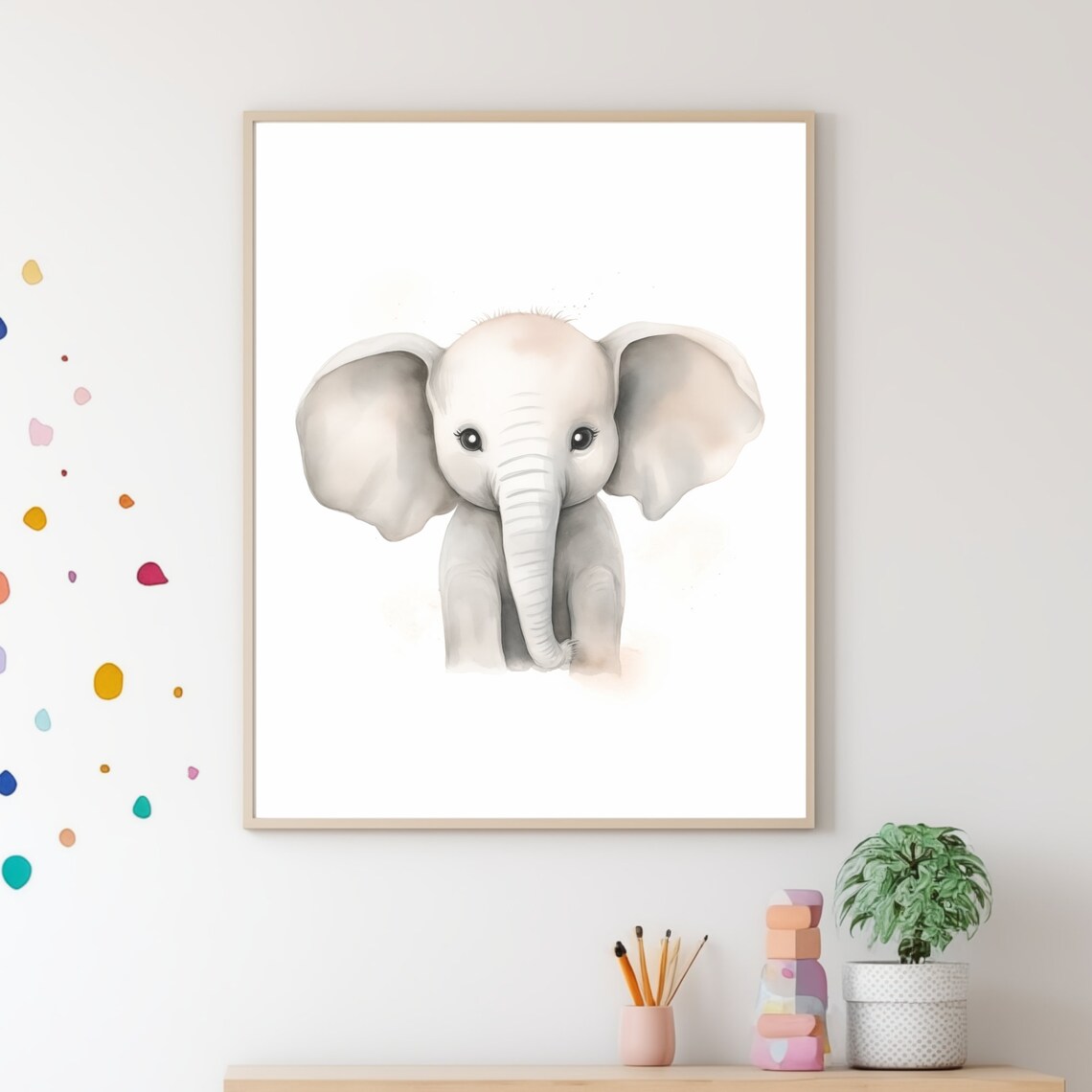 Sweet Baby Elephant Watercolor Portrait White Safari Nursery Wall Art