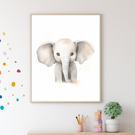 Sweet Baby Elephant Watercolor Portrait White Safari Nursery Wall Art