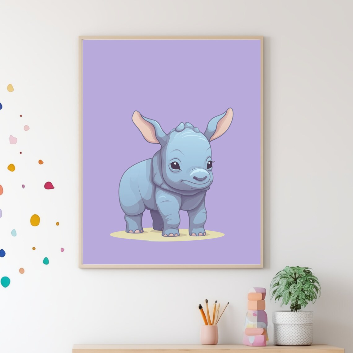 Cute Baby Rhino Cartoon Purple Safari Nursery Kids Room Wall Poster