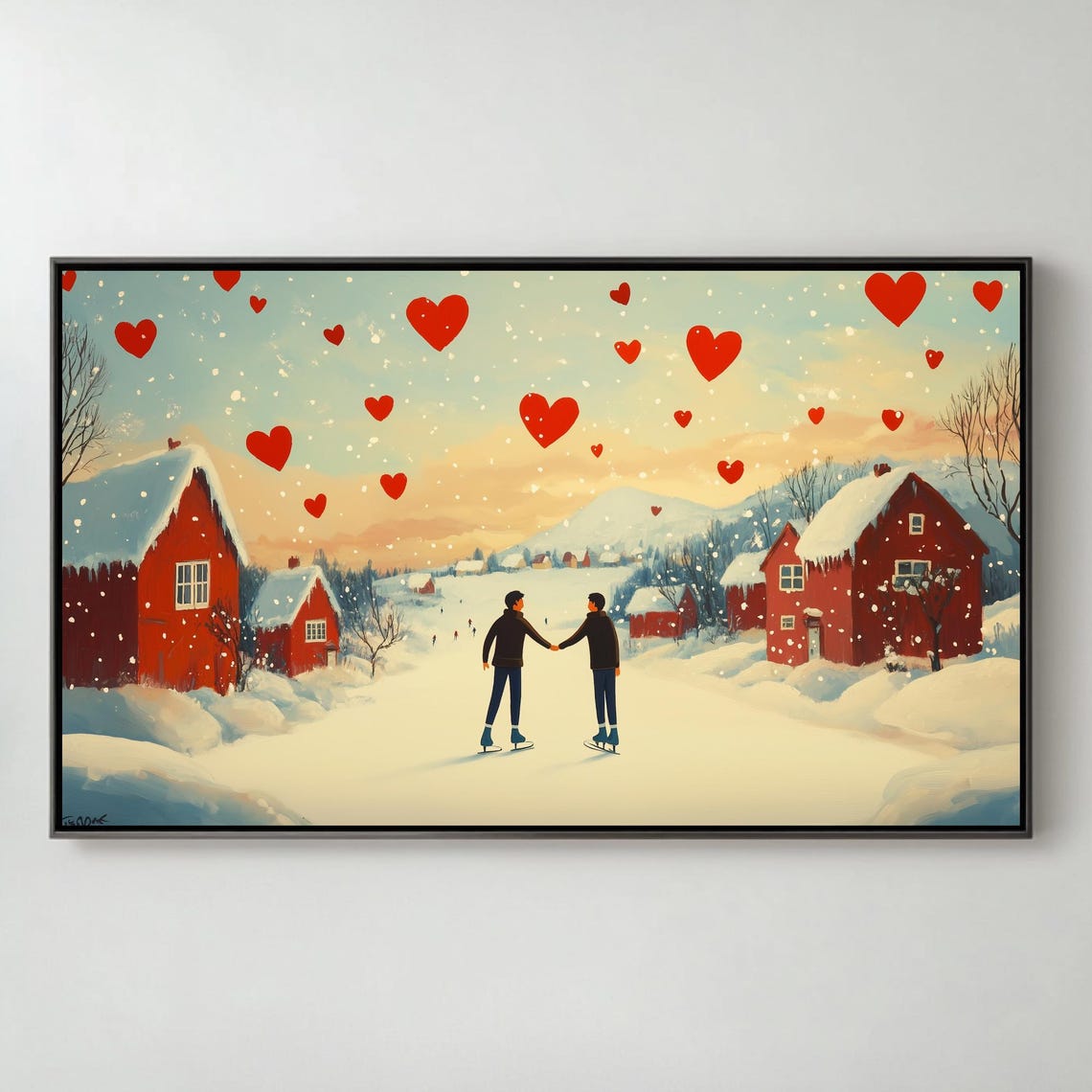 Gay Couple Ice Skating Hand In Hand Snowy Hearts Wall Art Poster
