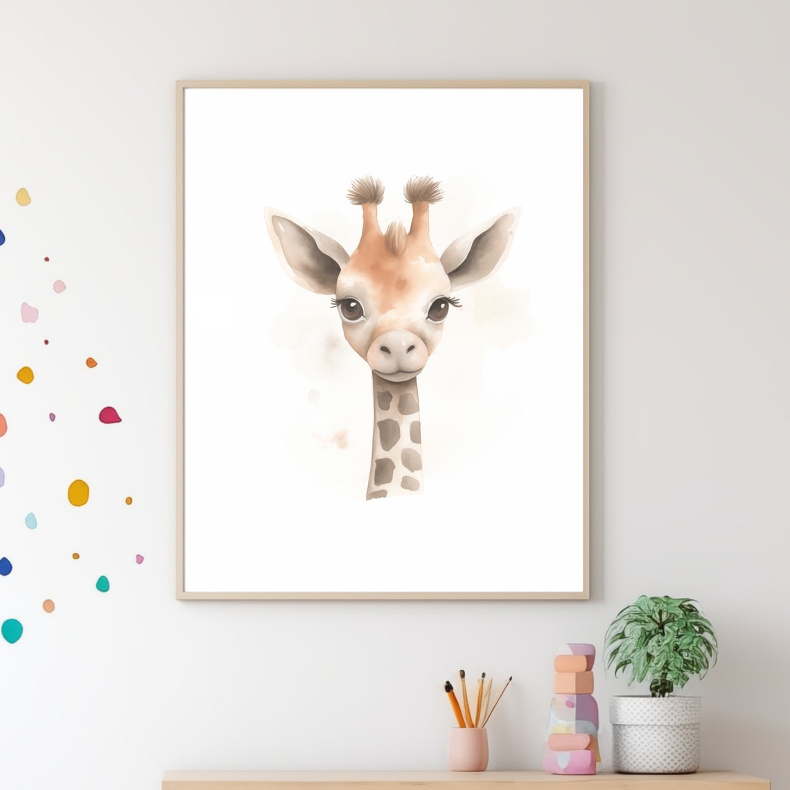 Sweet Giraffe Head Watercolor Portrait White Safari Nursery Wall Art