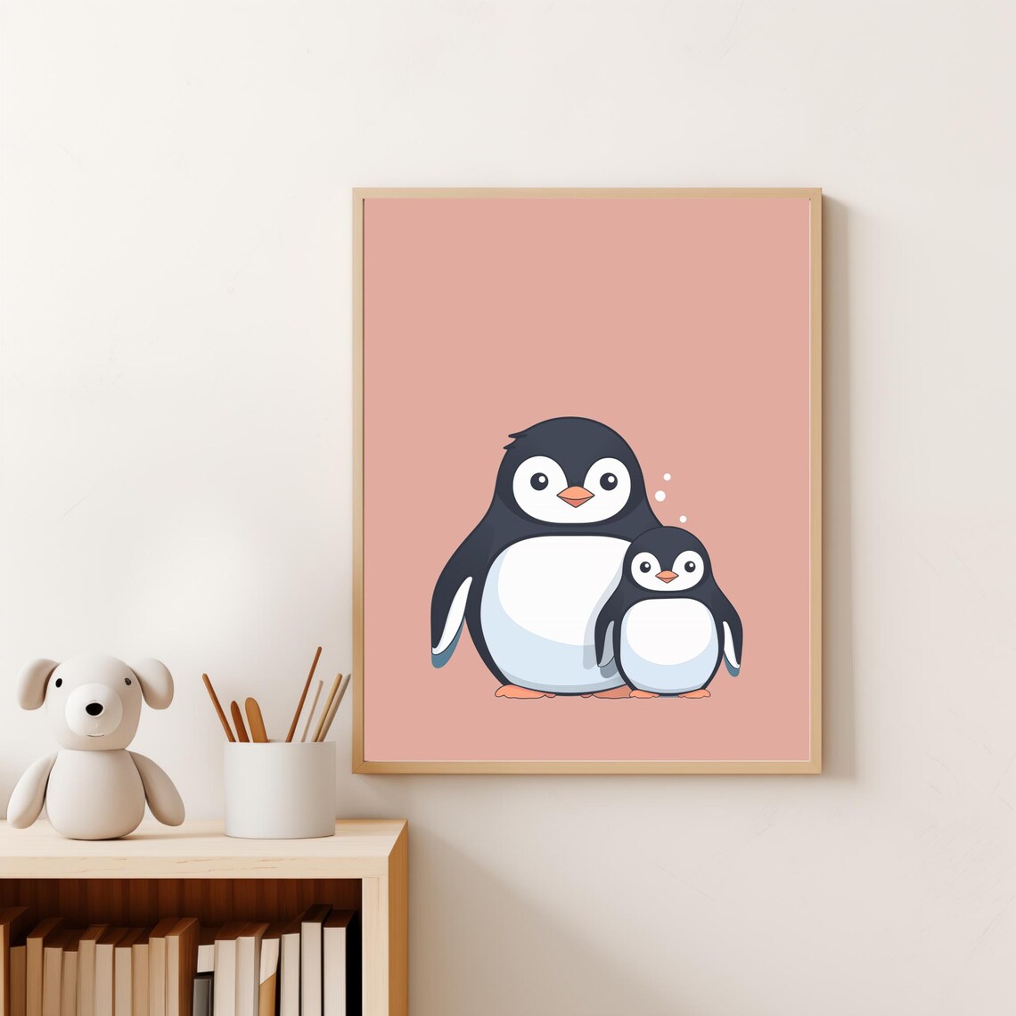 Mommy And Baby Penguin Hugging On Pink Background Nursery Poster