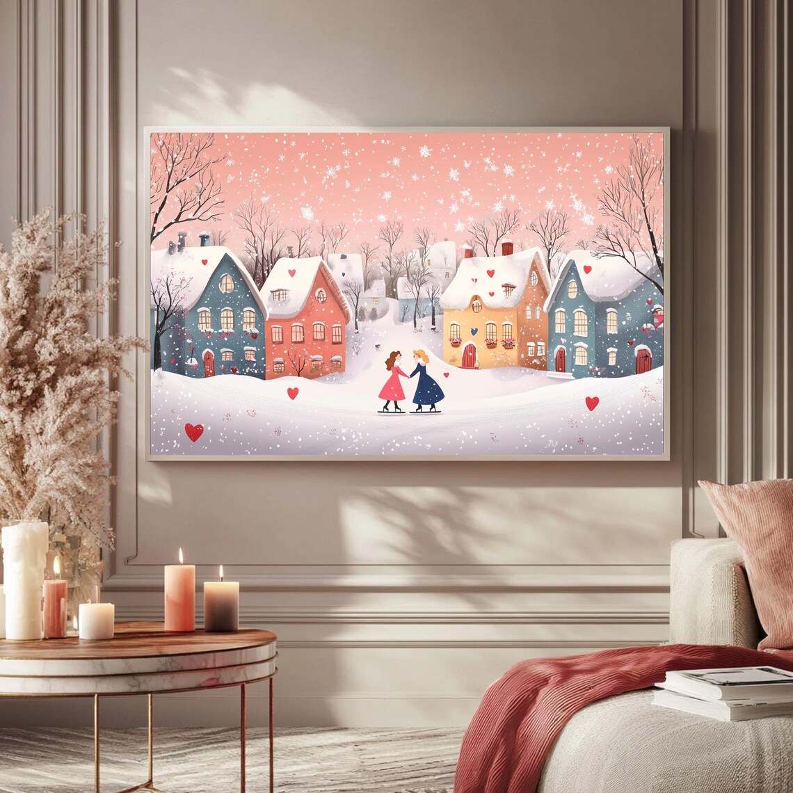 Couple Ice Skating Snowy Village Hearts Valentines Day Art TV Poster - Image 5