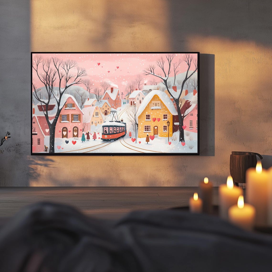 Red Tram In Snowy Pink Village Floating Hearts Romantic Wall Art - Image 3