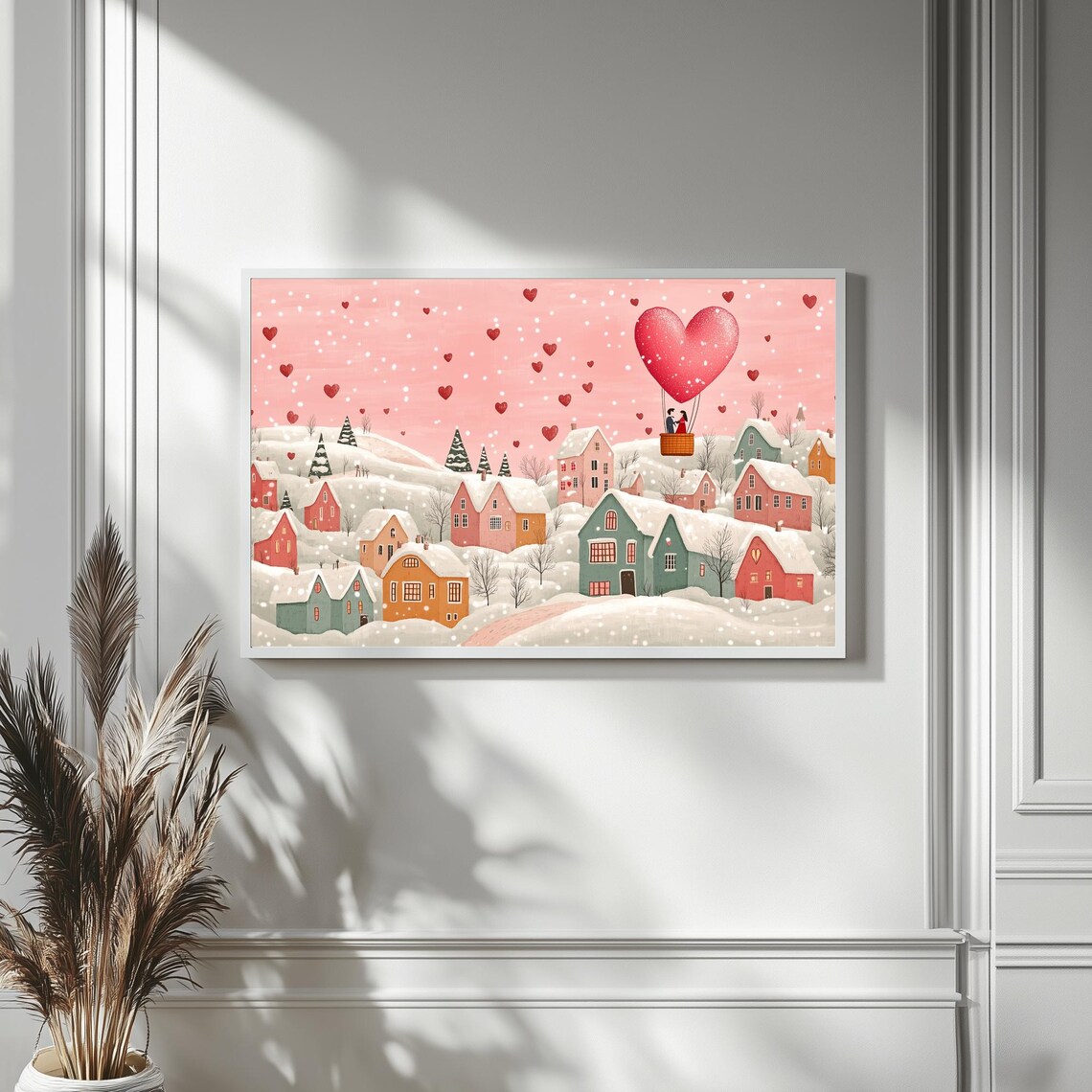 Couple In Heart Hot Air Balloon Over Snowy Village Romantic Poster - Image 4