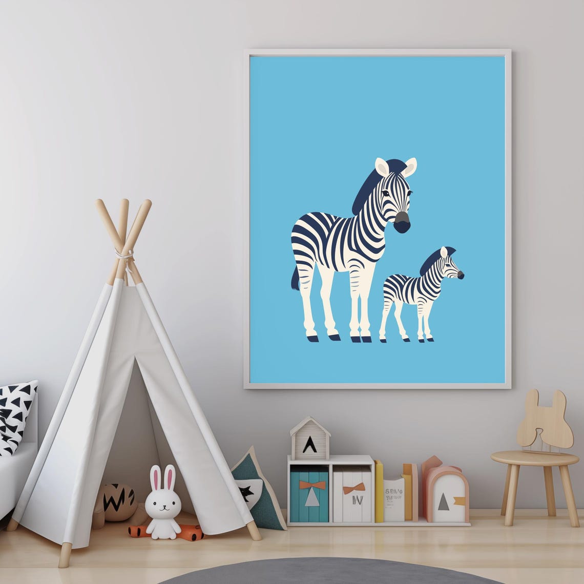 Mommy And Baby Zebra Standing Blue Background Nursery Wall Art - Image 4