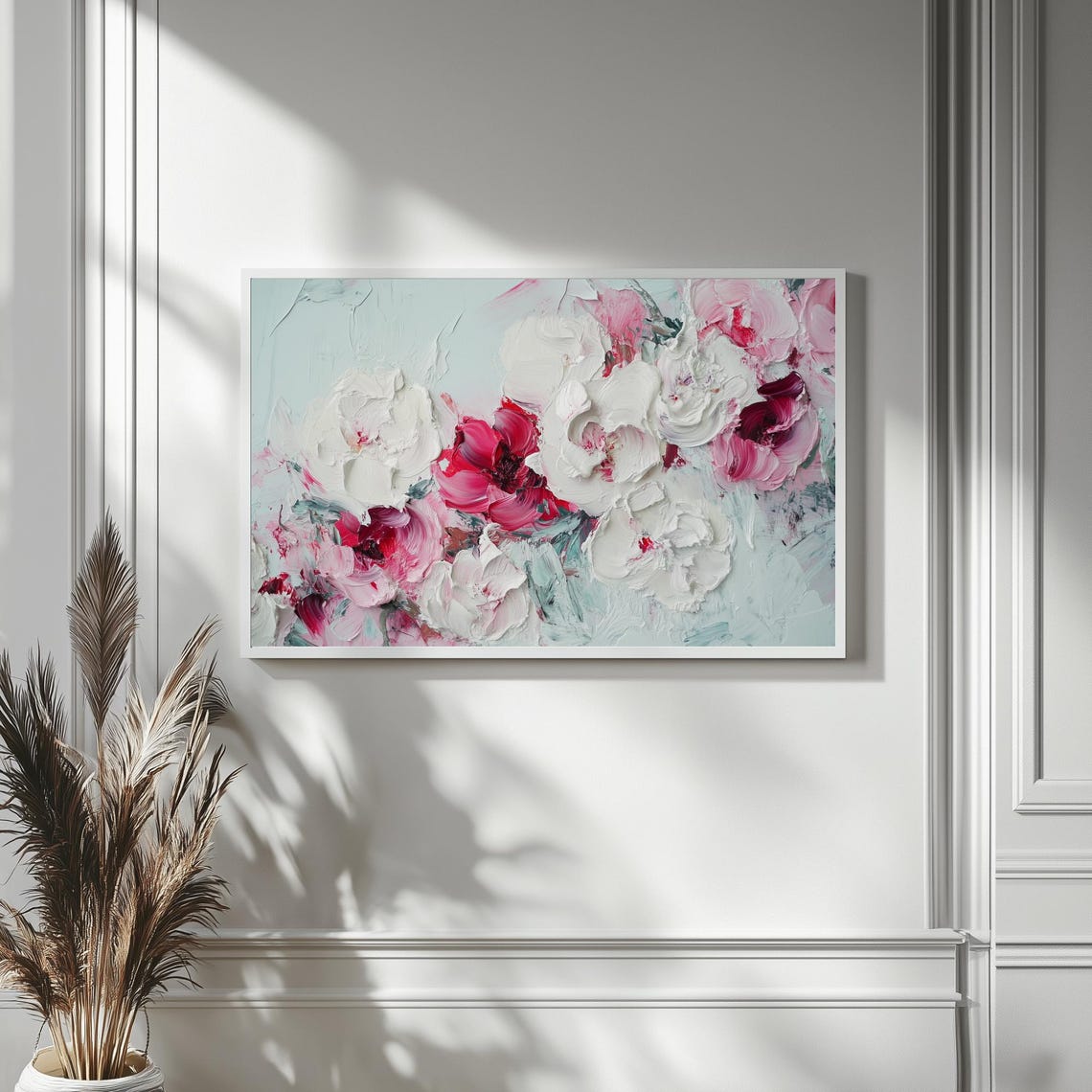 White And Pink Peony Impasto Painting Frame TV Floral Wall Art - Image 4