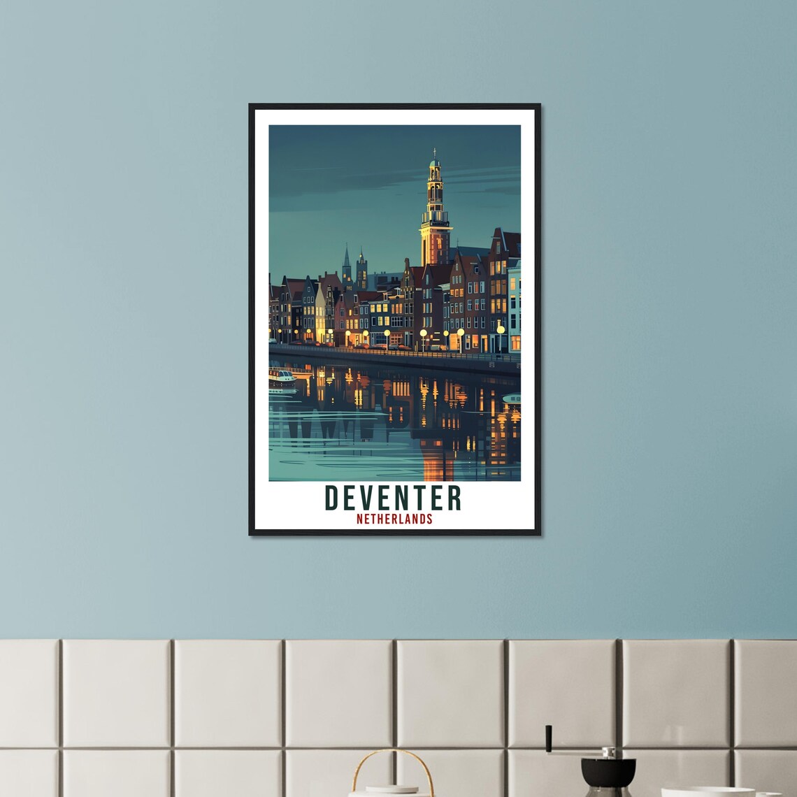 Deventer Netherlands Night River Vintage Travel Poster Church Tower - Image 2