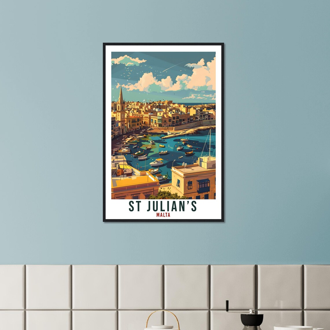 Saint Julians Malta Harbor Boats Church Spire Retro Travel Poster - Image 2