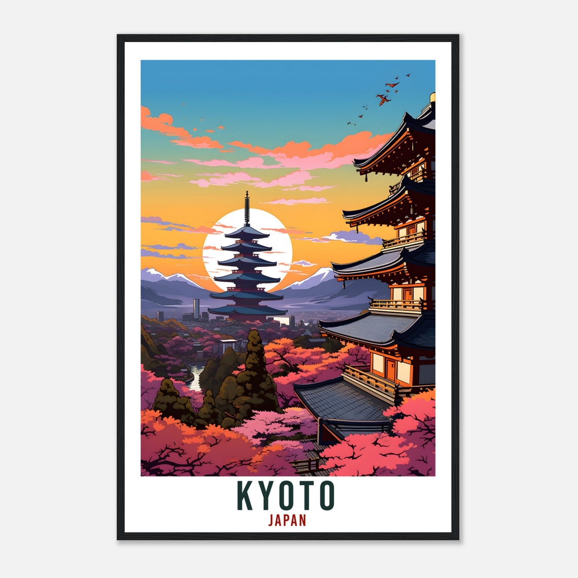 Kyoto Japan Cherry Blossom Pagoda Sunset Vintage Travel Poster - Image 4