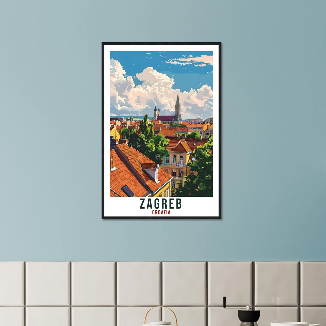 Zagreb Croatia Cathedral Red Rooftops Vintage Style Travel Poster - Image 2