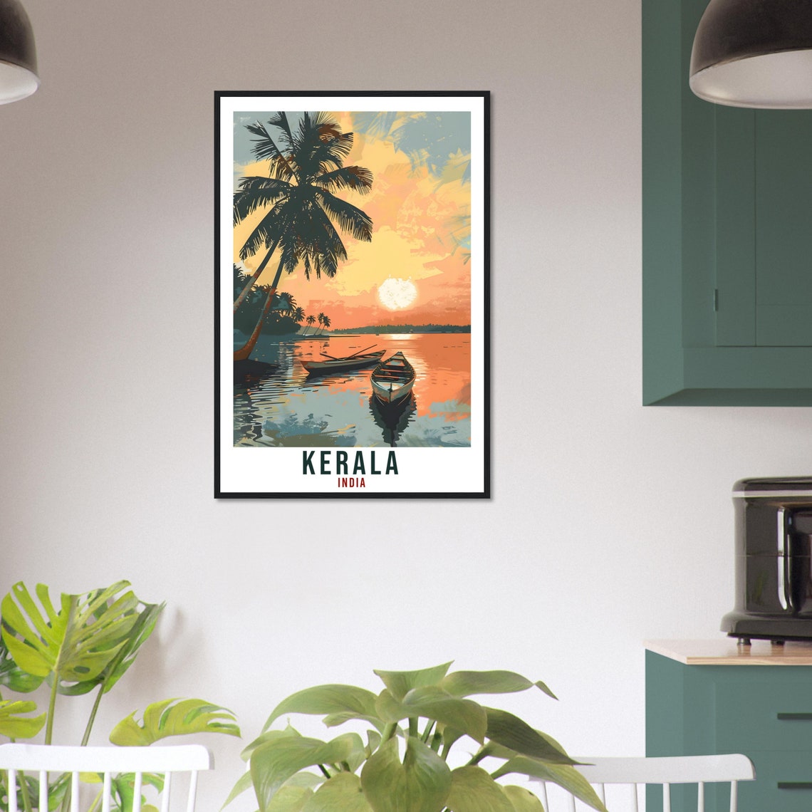 Tropical Kerala India Backwaters Sunset Palm Boat Travel Poster - Image 3